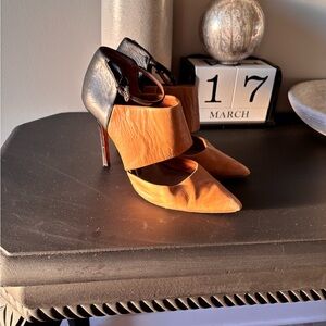 Coach Two-Tone Tan and Black Pointed Toe Ankle-Strap Heels